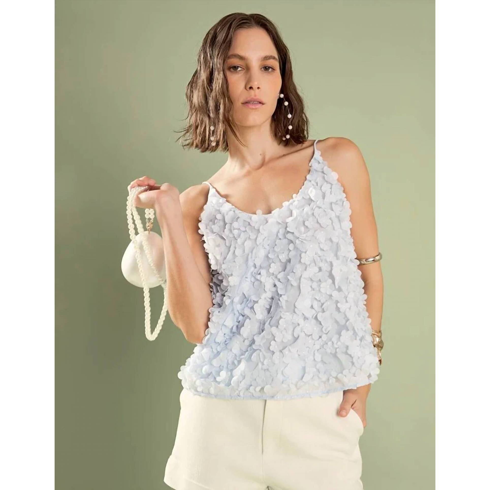 New English Factory Flower Cami Top In Powder Blue